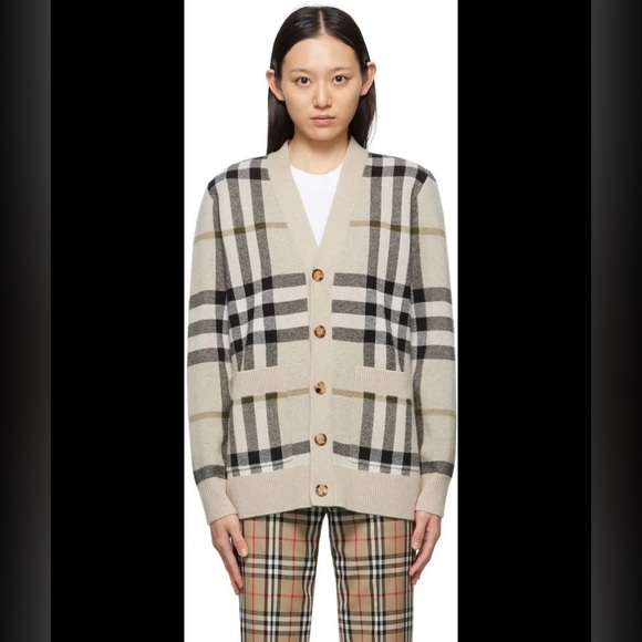 Burberry Signature Check Jacquard  Cardigan Wool Cashmere in Beige | size L - Picture 5 of 12
